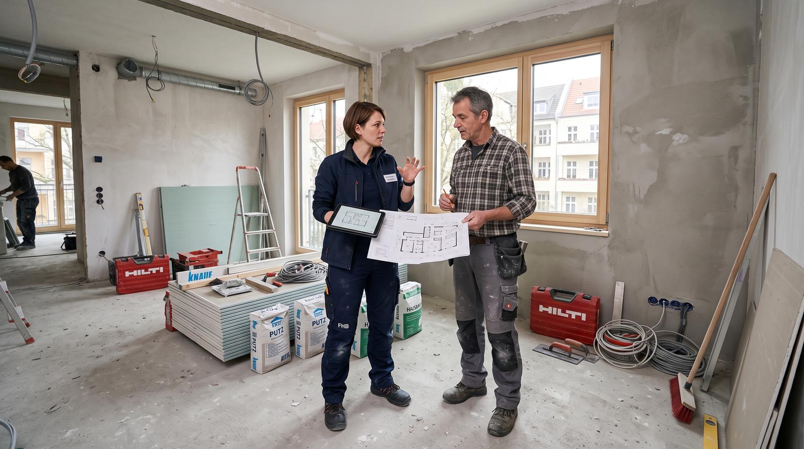 Koordinator bespricht mit einem Handwerker den Bauablauf in einer Wohnung in Lüneburg