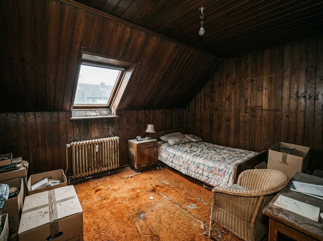 Dachzimmer mit dunkler Vertäfelung vor der Renovierung