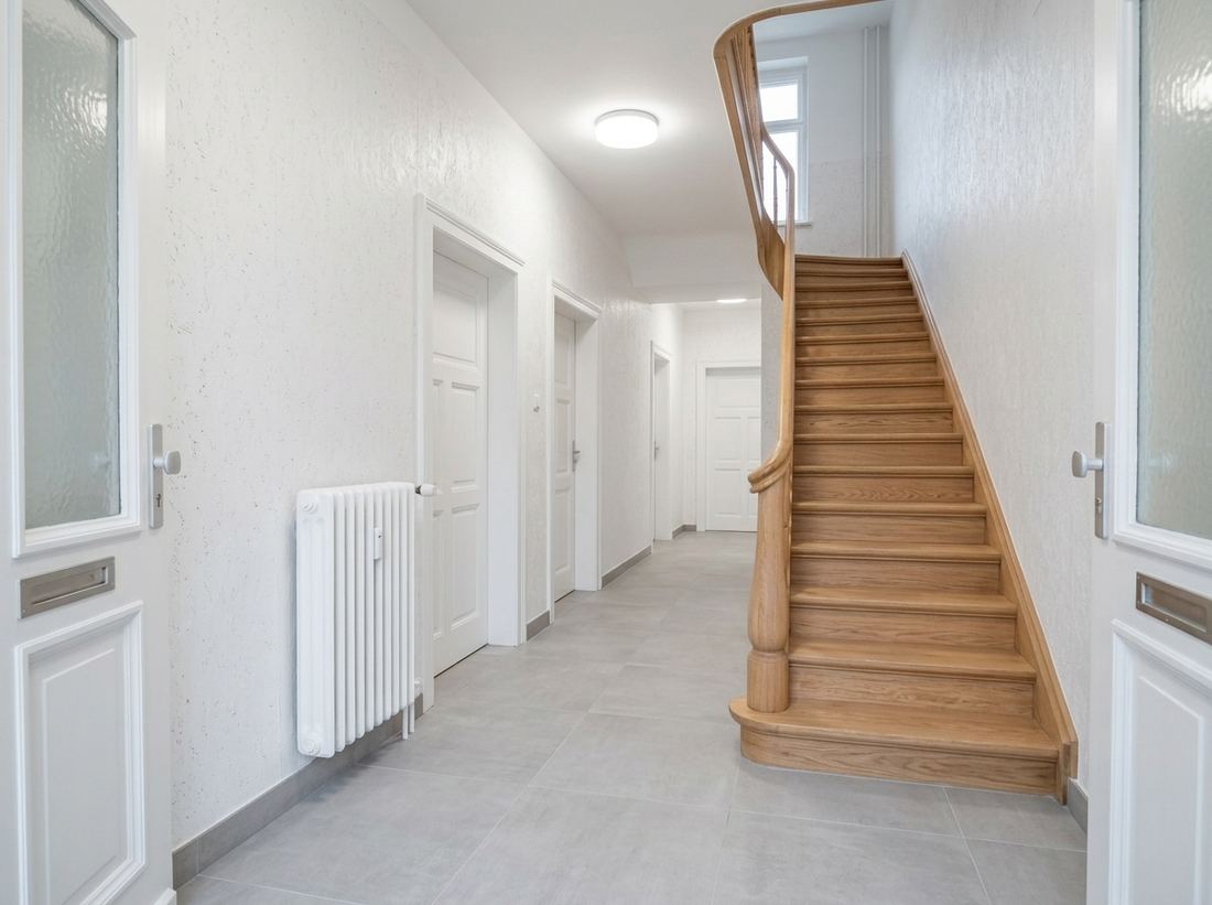 Heller renovierter Flur mit Treppe